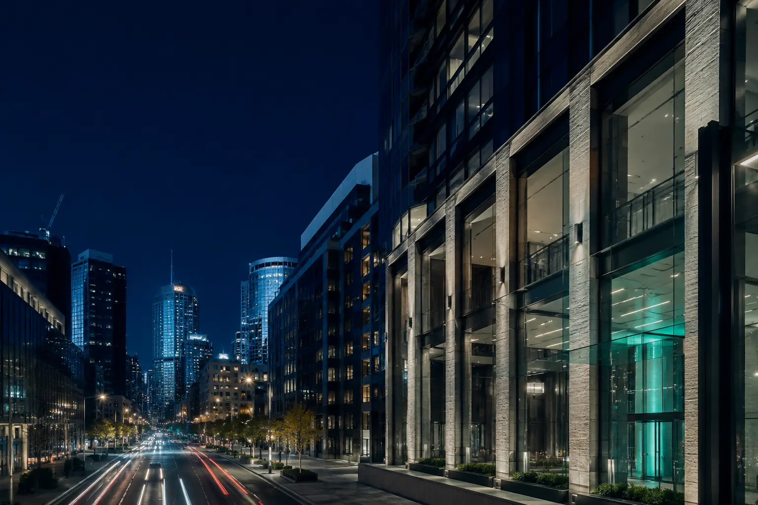 Contemporary office architecture in downtown Toronto at blue hour